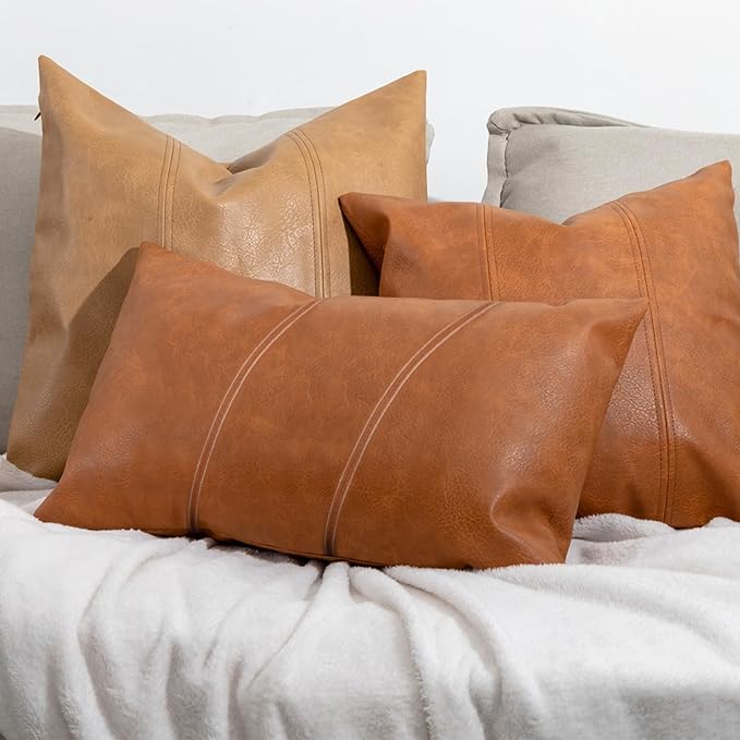 Faux Leather Throw Pillow Covers 12X20 Inch Set of 2 Milan Brown Outdoor Modern Farmhouse Solid Decorative Pillow Covers for Room Couch Living Bedroom Bed Sofa