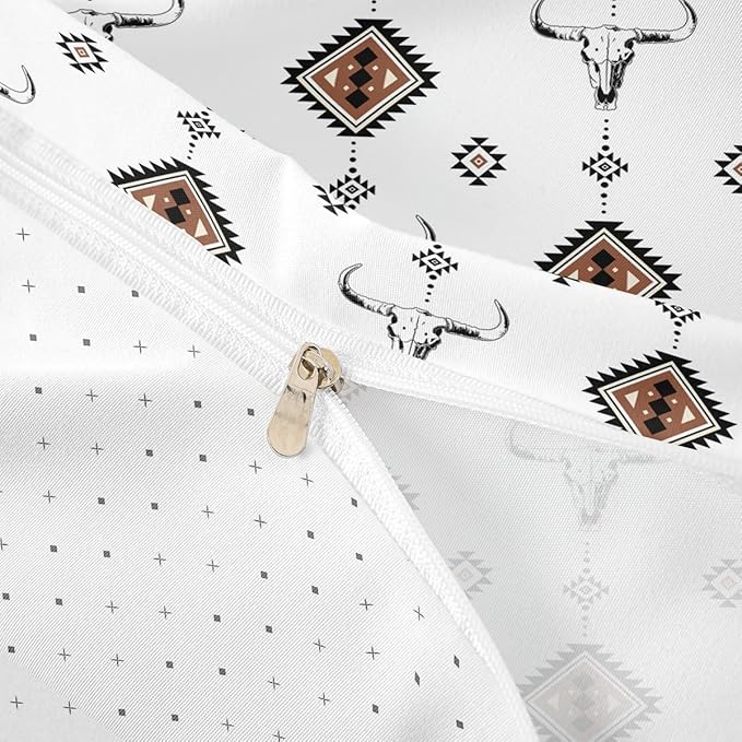 Castle Fairy Western Duvet Cover Set Full Size,Bull Skull Bedding Set 2 Pcs for Cowboys Girls Youth Adults,Southwest Decor Comforter Cover,Geometric Tribal Aztec Quilt Cover,Not Comforter