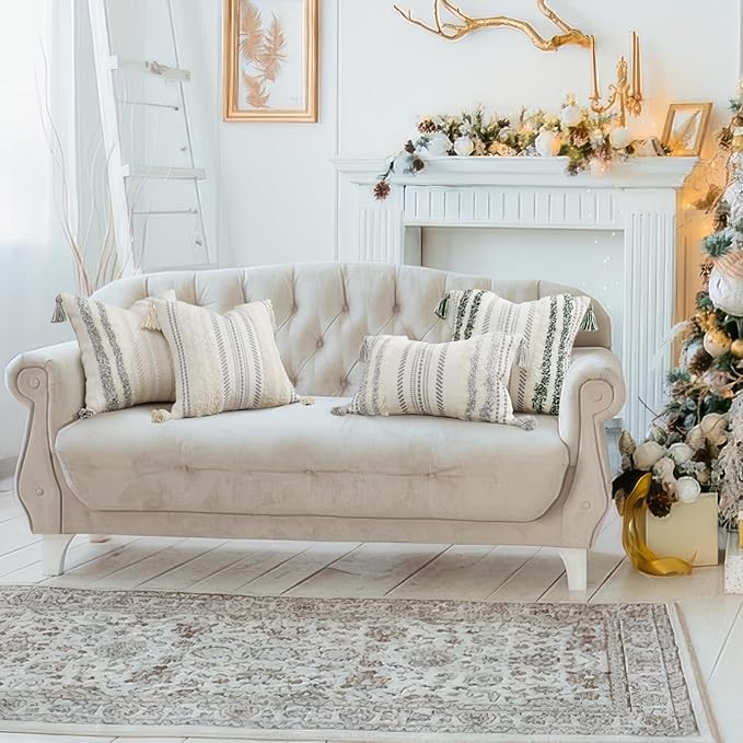 decorUhome Decorative Boho Throw Pillow Cover 20x20, Accent Neutral Textured Tufted Pillow Cover Striped for Couch Bed Sofa, Light Grey and Cream White, Pack of 1