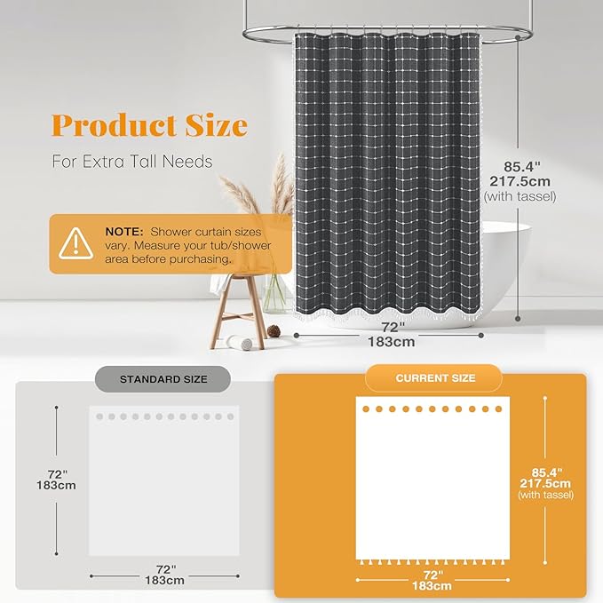 BTTN Extra Long Shower Curtain - 72x84 Inch Long Boho Chic Tassel Linen Fabric Shower Curtain Set with Hooks, Tall Modern Farmhouse Heavy Duty Cloth Shower Curtains for Bathroom - Charcoal Grey/Gray