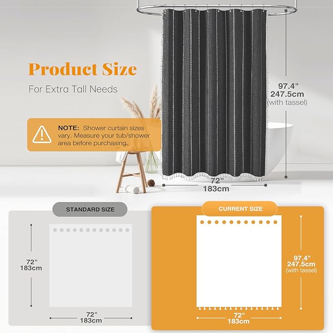 BTTN Extra Long Shower Curtain, 72x96 Long Striped Boho Chic Linen Fabric Heavy Duty Shower Curtain Set with Hooks, Tall Bohemian Farmhouse Tassel Cloth Shower Curtain for Bathroom, Charcoal Grey