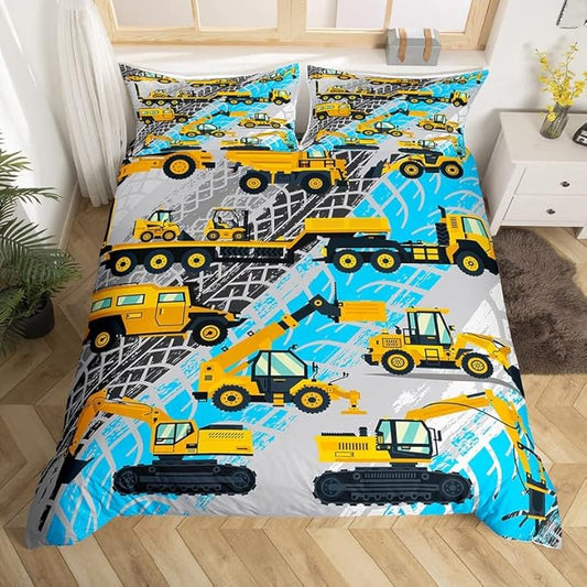 Feelyou Construction Duvet Cover Set Excavator Tractor Truck Comforter Cover for Kids Boys Girls Construction Vehicle Bedding Set 1 Duvet Cover & 1 Pillowcase