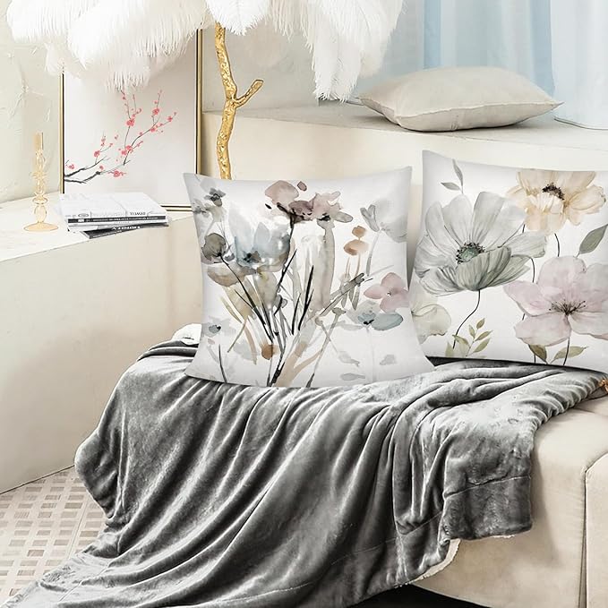 Brown White Grey Pillow Covers 16x16 Set of 6, Watercolor Flower Throw Pillow Cover for Couch, Modern Floral Cushion Cover for Sofa Bedroom Living Room Farmhouse Home Decor