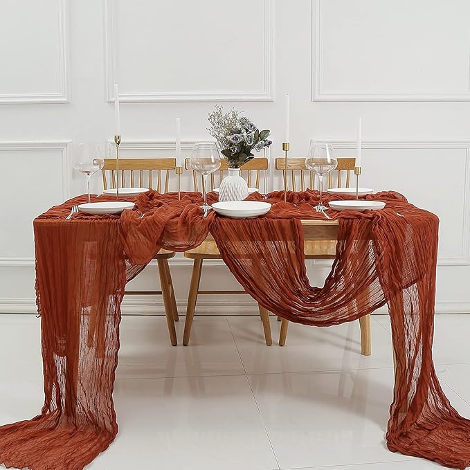 DOLOPL 3 Pieces Fall Thanksgiving Table Runners Cheesecloth Table Runner 10ft Rust Boho Cheese Cloth Table Runner Rustic Gauze Long Runner for Thanksgiving Day Wedding Bridal Shower Decorations