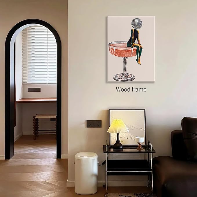 Funky Disco Ball Girly Head Poster 70s Retro Cocktail Canvas Wall Art 16x24 inch Framed Trendy Vintage Beige Prints Painting for Family Bar Wall Decor