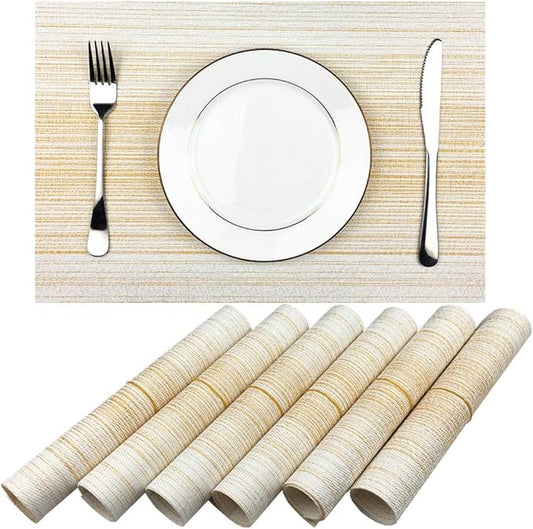 Placemat,Blending Color Durable Woven Vinyl Placemat Washable Heat-Resistant Anti-Skid Kitchen Dining Table Mats (Set of 6, Yellow with White)
