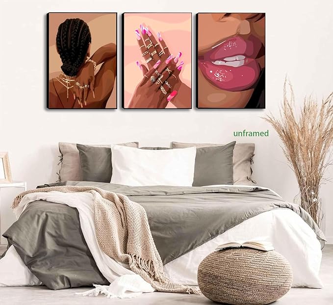 Black Girl Pink Wall Art Set of 3 African American Black Women Canvas Posters Fashion Black Girl Wall Decor Pictures Prints for Home Living Room Bedroom Bathroom Decoration 16x24 Inch Unframed