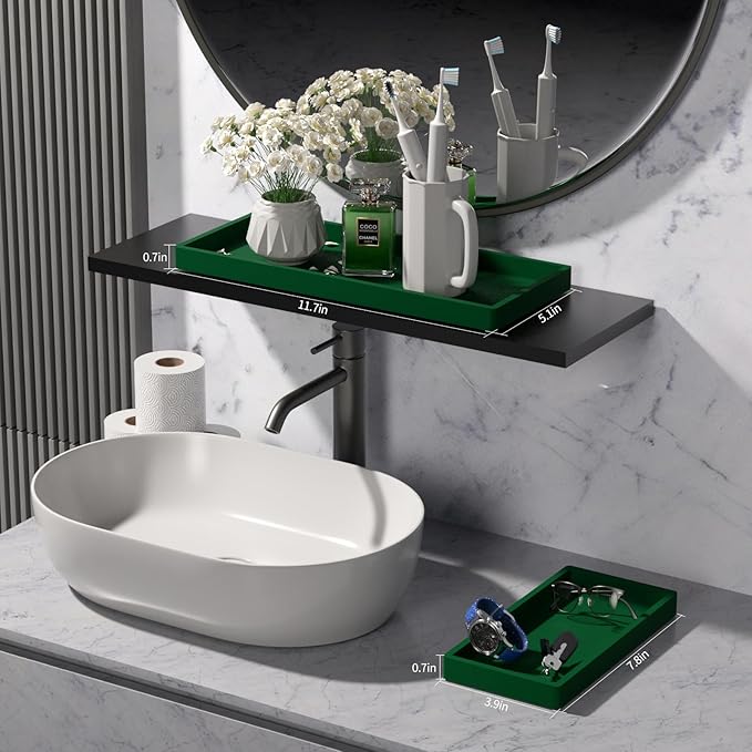 BBK Bathroom Vanity Tray- 2 Pack (7.8" and 11.8") Silicone Bathroom Tray for Counter, Perfume Key Trinket Ring Tray, Decor Soap Dispenser Countertop Tray for Kitchen Sink Organization.(Green)