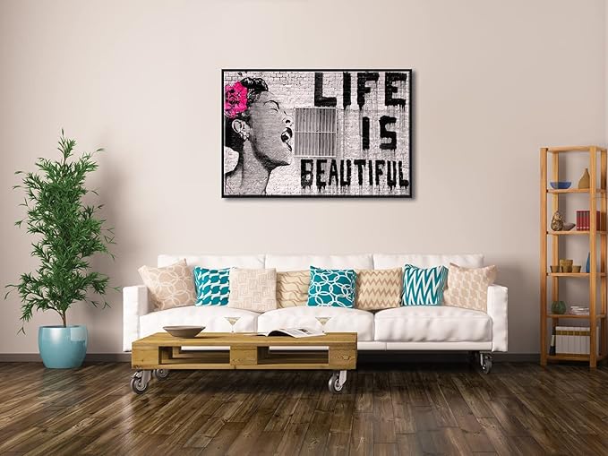 Wieco Art Framed Art Canvas Prints of Banksy Life is Beautiful Abstract Artwork for Wall Decor Black Frame BANKSY-2-6090-BF