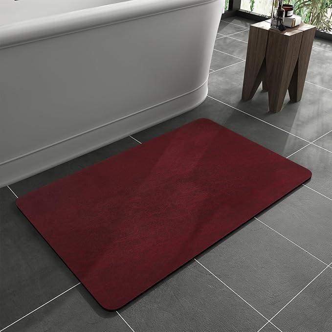 MontVoo -Bath Mat Rug-Rubber Backing Non Slip Quick Dry Absorbent Thin Bathroom Rugs Fit Under Door-Faux Suede Surface Bathroom Floor Mats-Shower Rug for in Front of Bathtub Shower Burgundy 16x24 Red