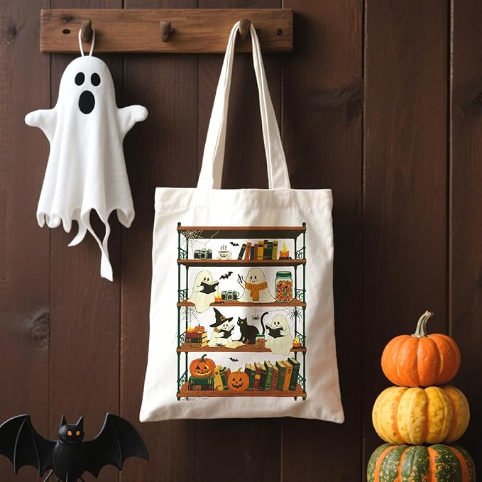 Halloween Canvas Tote Bag Vintage Ghost Canvas Bag Cute Funny Trick Or Treat Reusable Cotton Bag Shopping Tote Handbag For Women Holiday Grocery Beach Handbag With Shoulder