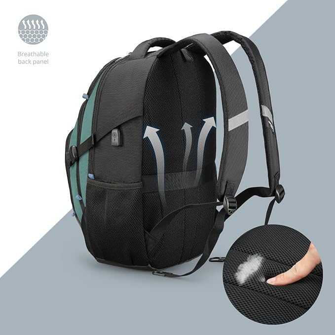 Swissdigital Design Laptop Backpack with USB Charging Port, Travel Backpack Fits 15.6 inches Computer, 31L College School Backpack for Men, Lake Green/Black | SD803