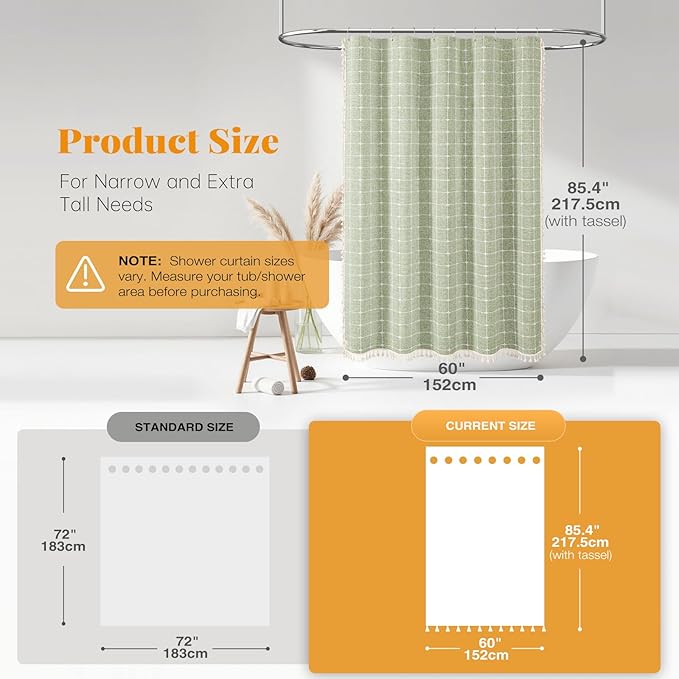 BTTN Stall Shower Curtain - 60x84 Long Boho Farmhouse Linen Weighted Fabric Cloth Shower Curtain Set with 10 Plastic Hooks, Narrow Bohemian Country Decorative Shower Curtains for Bathroom - Sage Green