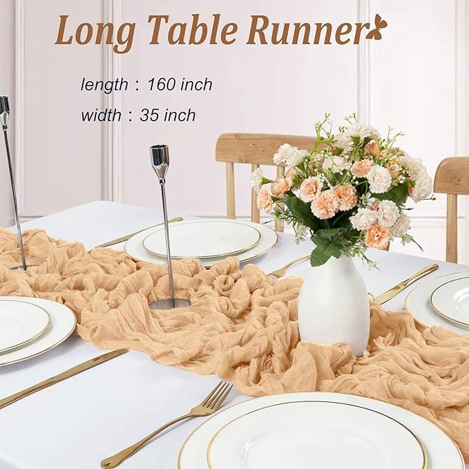 Cheesecloth Table Runner 13.3FT Champagne Gold Boho Gauze Table Runner Wedding Dining Table Decorations for Holiday Birthday Party Baby Shower Event Decorations Summer Garden Farmhouse