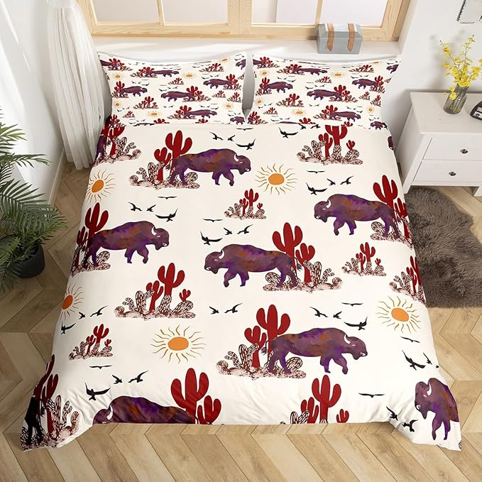 Feelyou Buffalo Ranch North American Bisons Duvet Cover Set Full Size Western Bedding Sets Rustic Country Cabin Southwestern Animal Comforter Cover Set Kids Boys Brown Cream Farmhouse Quilt Cover