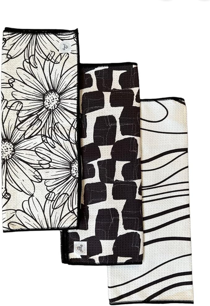 || 3 Pack|| Kitchen Towels || Dish Towels || Tea Towels || Highly Absorbent || Hanging Loop || Dish Cloths || Modern || Designer Prints (Beige/Black)
