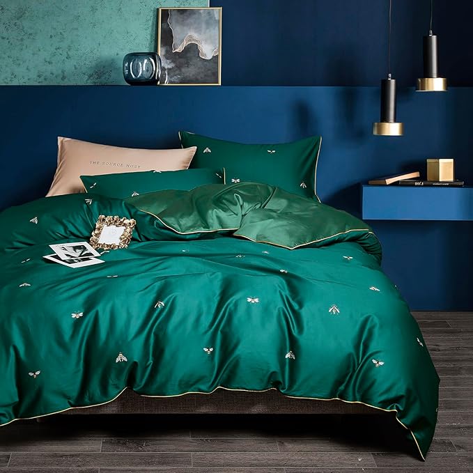 mixinni Dark Green Duvet Cover Queen Size, 100% Long Staple Cotton Honeybee Floral Pattern 3pc Bedding Duvet Cover Set with Zipper Ties 2 Pillowcases Perfect for Him and Her-Queen Size