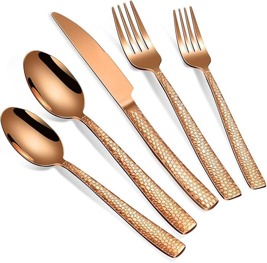 20-Piece Rose Gold Hammered Stainless Steel Flatware Set for 4, Including Fork, Knife, Spoon Set, Home Kitchen Cutlery Sets, Dishwasher Safe
