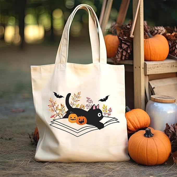 Cute Ghost Tote Bag Black Cats Tote Bag Halloween Cotton Canvas Bag for Women Gift Reusable Grocery Bag Shopping Beach Shoulder Bag