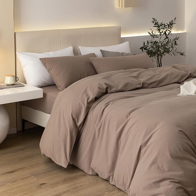 JIYUAN 100% Washed Cotton Duvet Cover Set 3 Pieces Alaska King, 1 Duvet Cover 132x120 Inches(Comforter Not Included) and 2 Pillowcases,Linen Feel Bedding Set Comfy and Breathable,Light Brown