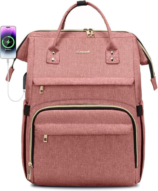 LOVEVOOK Laptop Backpack for Women,18 Inch Professional Womens Travel Backpack Purse Computer Laptop Bag Nurse Teacher Backpack,Waterproof College Work Bags Carry on Back Pack with USB Port,Light-pink