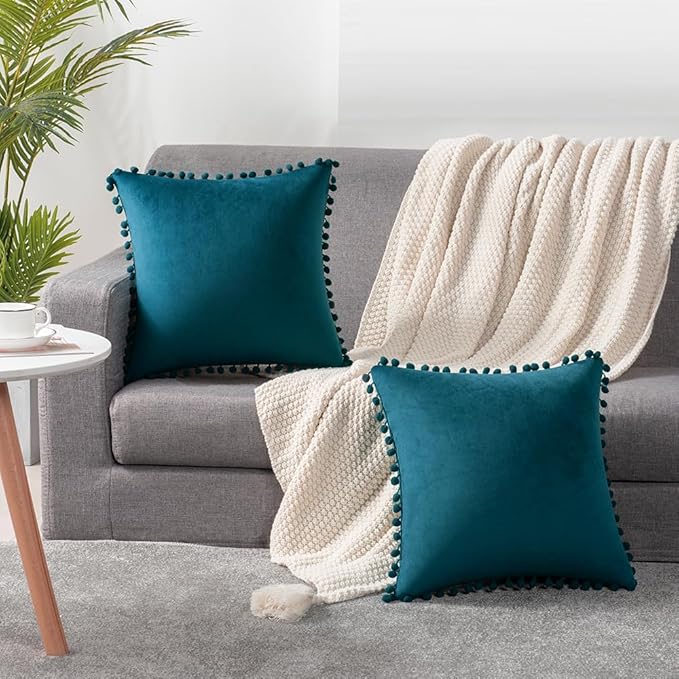 DEZENE Throw Pillow Cases 24x24 Teal: 2 Pack Cozy Soft Pom-poms Velvet Square Decorative Pillow Covers for Farmhouse Home Decor