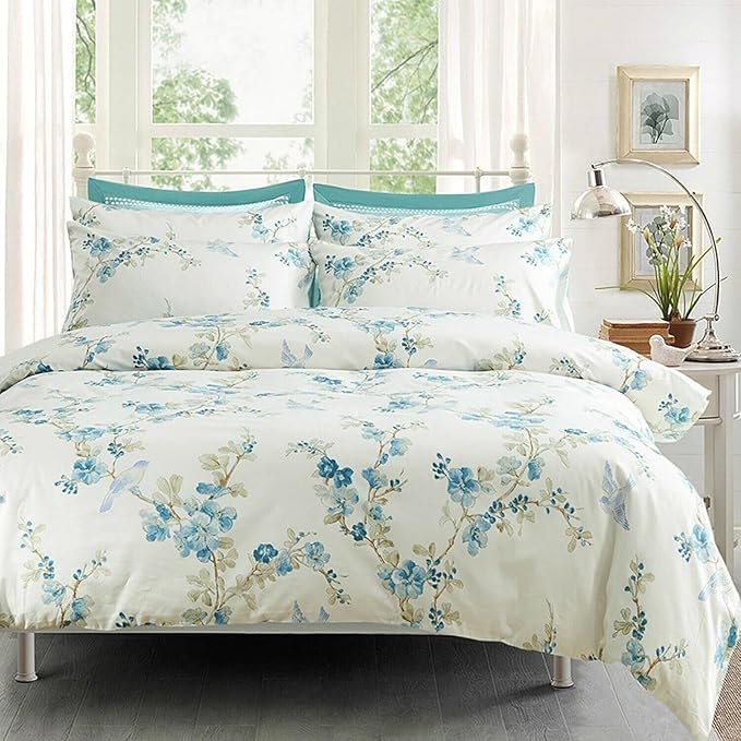 mixinni Blue and White Floral Duvet Cover King Long Staple Cotton Reversible Design Duvet Cover Set, Cute Flowers Birds Bedding Sets with Button Closure Ties 2 Pillowcases for Him and Her-King Size