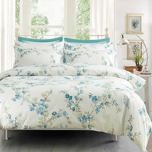 mixinni Blue and White Floral Duvet Cover King Long Staple Cotton Reversible Design Duvet Cover Set, Cute Flowers Birds Bedding Sets with Button Closure Ties 2 Pillowcases for Him and Her-King Size