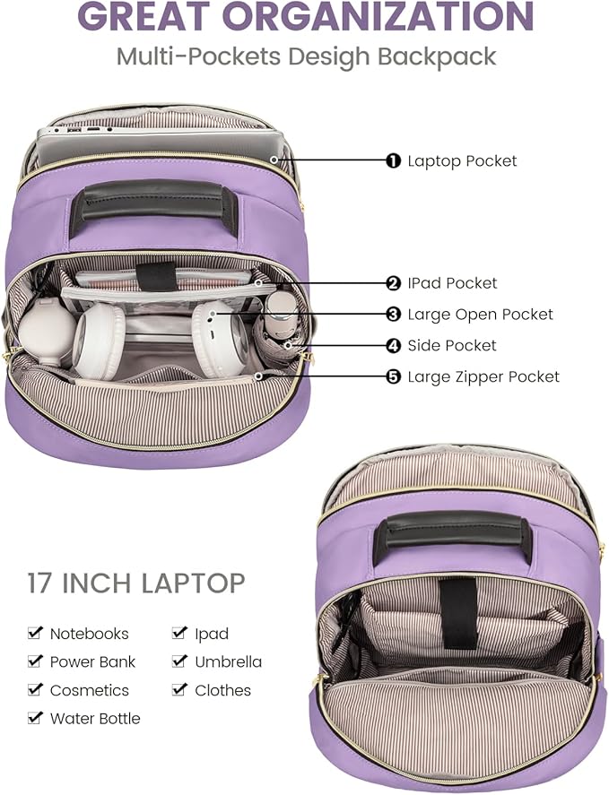 LOVEVOOK Laptop Backpack for Women, Travel Computer Work Bags with 17-inch Laptop Compartment, College School Student Bag Teen Backpacks For Girls, Outdoor Carry On Backpack Purse, Purple
