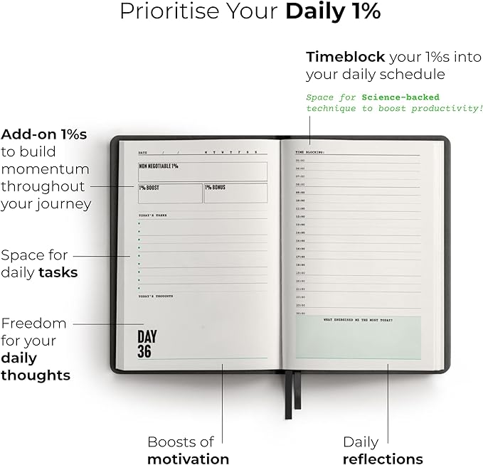 One Percent Diary by Steven Bartlett – Featured On The Diary of a CEO Podcast – Guided Wellness Journal for Men and Women – 90-Day Motivational and Reflection Daily Journal