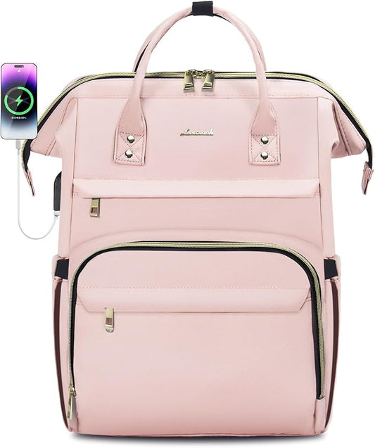 LOVEVOOK Laptop Backpack for Women,15.6 Inch Professional Womens Travel Backpack Purse Computer Laptop Bag Nurse Teacher Backpack,Waterproof College Work Bags Carry on Back Pack with USB Port, Pink