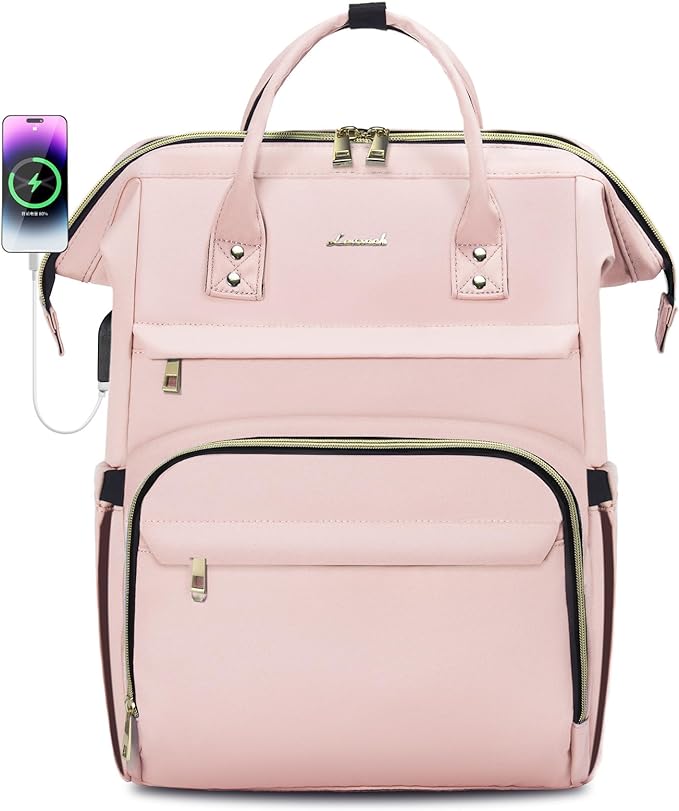 LOVEVOOK Laptop Backpack for Women,17 Inch Professional Womens Travel Backpack Purse Computer Laptop Bag Nurse Teacher Backpack,Waterproof College Work Bags Carry on Back Pack with USB Port, Pink