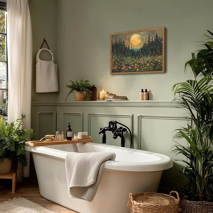 Vintage Forest Moon Wall Art, Nature Pine Tree Woodland Wall Decor Paintings, Dark Cottagecore Landscape 3D Textured Hand Drawn Sandstone Artwork for Bedroom Living Room 12x16 inch Wood Framed