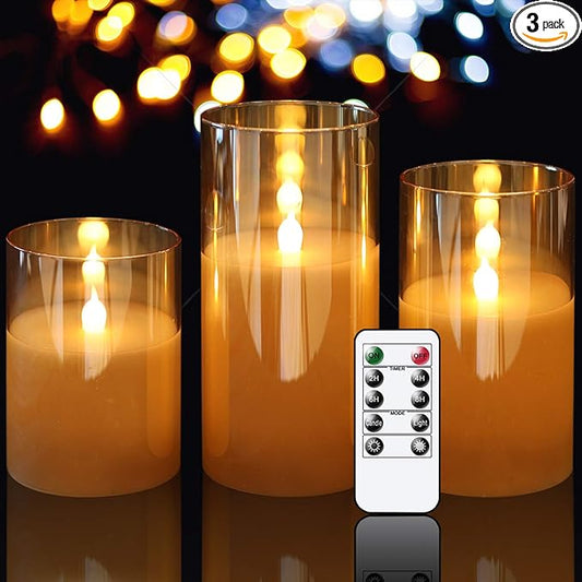 GenSwin Gold Glass Battery Operated Flameless Led Candles with 10-Key Remote and Timer, Real Wax Candles Warm White Flickering Light for Home Decoration(Set of 3)