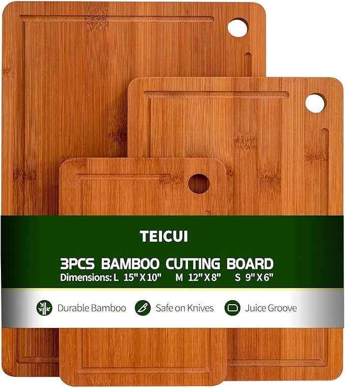Bamboo cutting boards for home and kitchen,chopping board with juice groove,hanging hole and handles,for charcuterie,meat,bread,cheese,fruit and vegetables,carbonized bamboo, Set of 3(S+M+L)