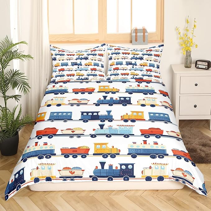 Cartoon Train Duvet Cover Full Size Transport Vehicles Comforter Cover for Teens Adults Kids Colorful Cars Bedding Set Vintage Train Tracks Breathable 3 Pieces Decorative Bed Cover(No Comforter)