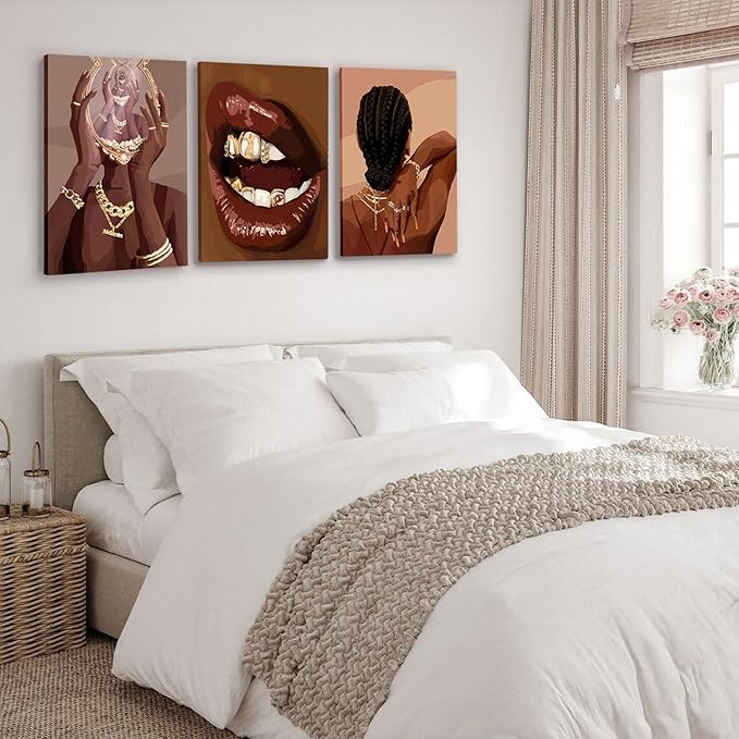 ANVOTIG Framed Black Woman Wall Art Set of 3 Black Girl African Women Canvas Wall Decor American Black Female Pictures Boho Fashion Abstract Posters for Home BedRoom Living Room Bathroom16x24in
