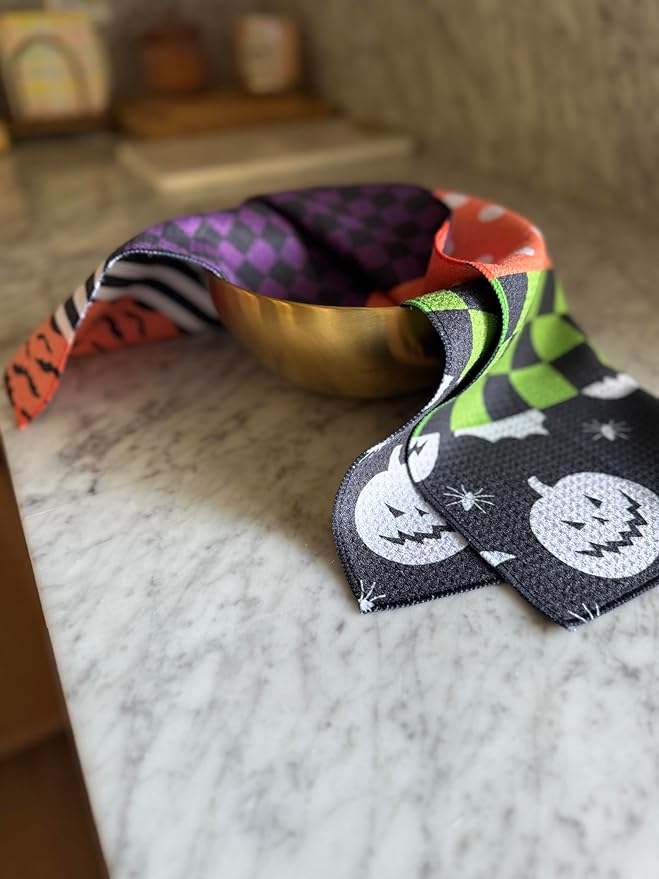 || 3 Pack|| Double Sided Dish Towels || Waffle Weave Microfiber || Tea Towels || Highly Absorbent || Hanging Loop || Dish Cloths || Modern || Designer Prints (Halloween Multi)