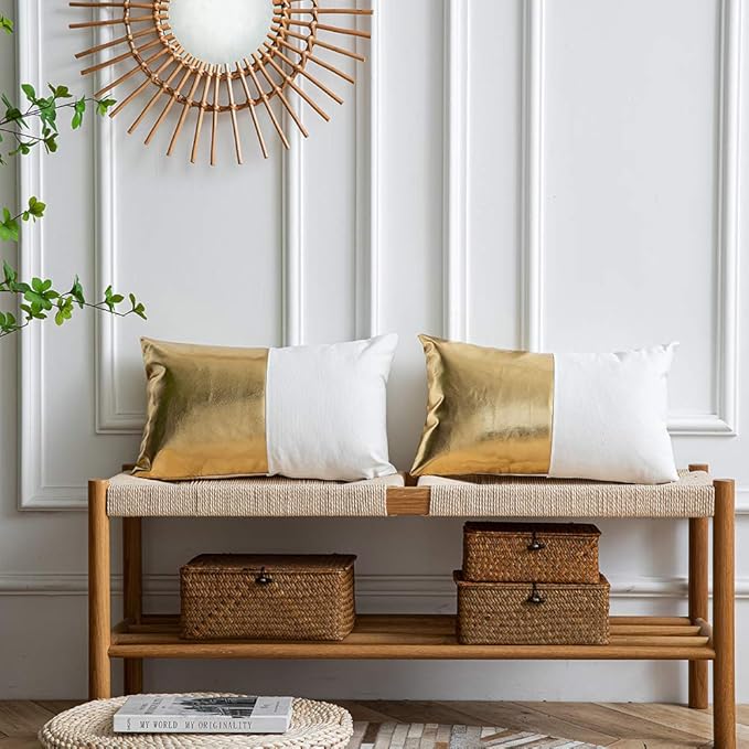 DEZENE Leather Throw Pillow Covers, Set of 2 Modern Leather/Cotton Decorative Pillowcases for Home Decor Bedroom Living Room Couch Bed Sofa, 12x20 Inch, Gold and White