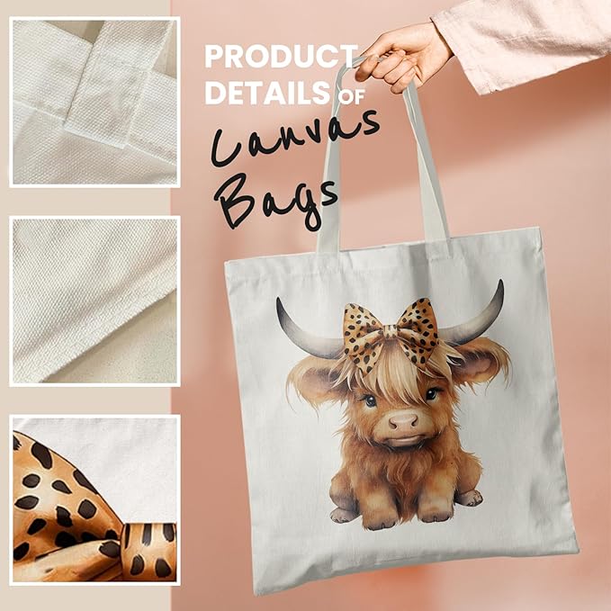 Western Highland Cow Canvas Tote Bag - Highland Cow Lover Gifts,Canvas Shoulder Bag for Women for Girls