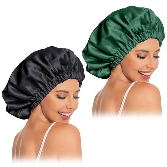 Satin Bonnet Silk Bonnet Hair Bonnet for Sleeping-Slouchy Beanie Hat Satin Sleep Cap for Women's Natural & Curly Hair(Black&Blackish Green)