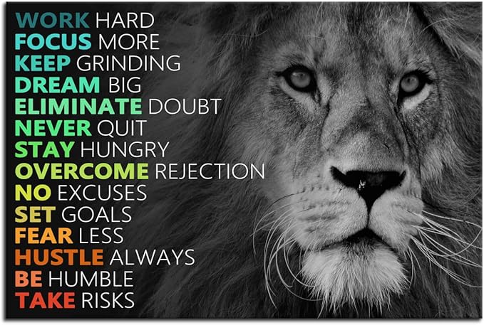Motivational Poster Animal Inspirational Canvas Wall Art Lion Inspiring Canvas Prints Artwork for Office Living Room Modern Home Decor Painting Stretched and Framed Ready to Hang [18''Wx 12''H]