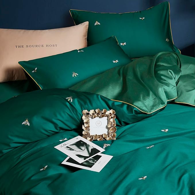 mixinni Dark Green Duvet Cover Twin XL Size, 100% Long Staple Cotton Honeybee Floral Pattern 3pc Bedding Duvet Cover Set with Zipper Ties 2 Pillowcases Perfect for Him and Her-Twin XL Size