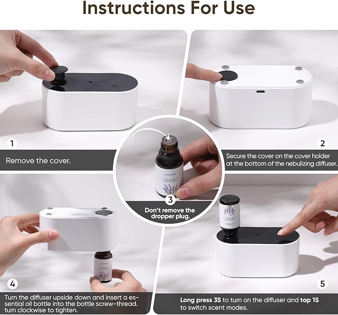 Waterless Diffuser for Essential Oil, Battery Operated Scent Air Aromatherapy Diffuser, Mini Aroma Diffusers with 3 Intermittent Mist Modes, Cycle Start, for 400 sq.ft Room Home Office Bedroom