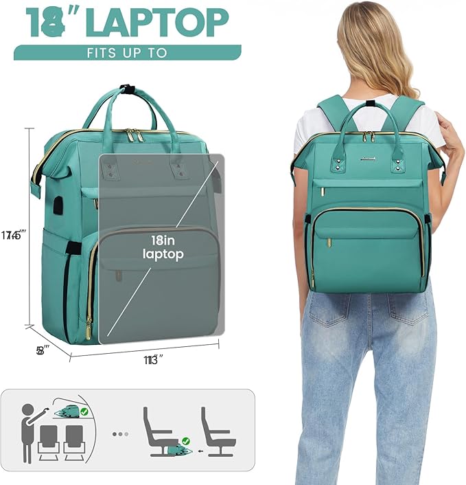 LOVEVOOK Laptop Backpack for Women,18 Inch Professional Womens Travel Backpack Purse Computer Laptop Bag Nurse Teacher Backpack,Waterproof College Work Bags Carry on Back Pack with USB Port,Mint Green