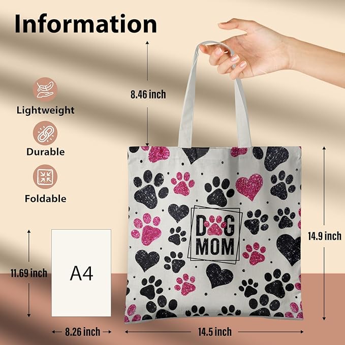 Dog Mom Canvas Tote Bags - Reusable Grocery Bags for Shopping, Funny Dog Lover Gifts for Women