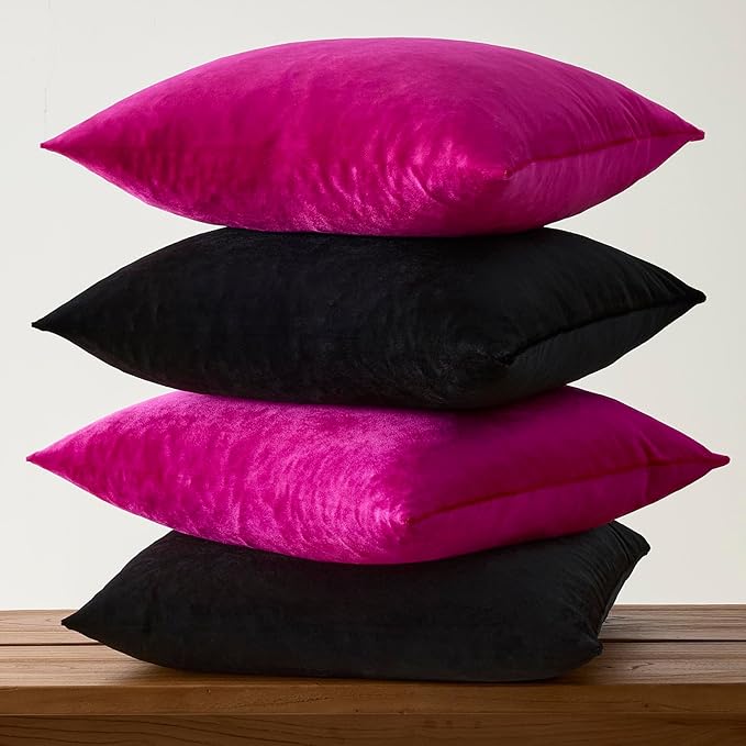 GIGIZAZA Pillow Covers 20x20 Set of 4,Black Hot Pink Velvet Soft Pillow Covers Decorative Square Modern Pillows Cushion Cases for Living Room