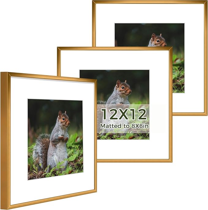 Golden State Art 12x12 Picture Frame 3 Pack - Aluminum Frames with 8x8 Removable Mats & Real Glass, Display 12x12 Posters or 8x8 Photos - Bronze Gallery Wall Frames for Home Office Decor