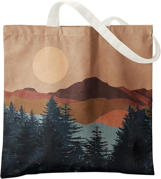Boho Tote Bag Aesthetic, Minimalist Abstract Boho Terracotta Sun Sunshine Canvas Tote Bag for Women