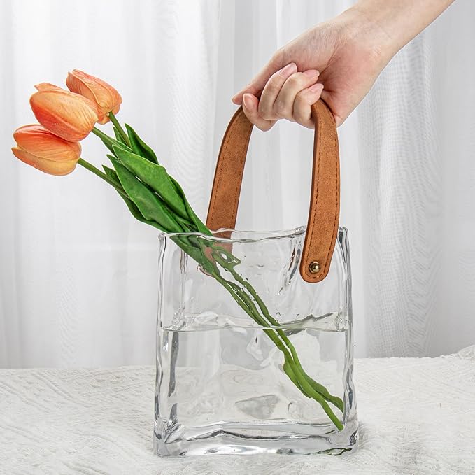 Glass Purse Vase for Flowers Clear Vases for Centerpieces Glass Bag Vase with Leather Handle Small Bag Vases for Decor Decorative Fish Bowl for Home Wedding Decor